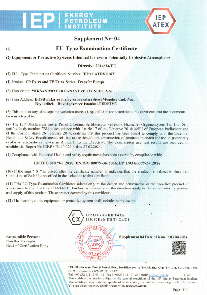 CP-EP Ex-Proof Pompa Sertifikası
