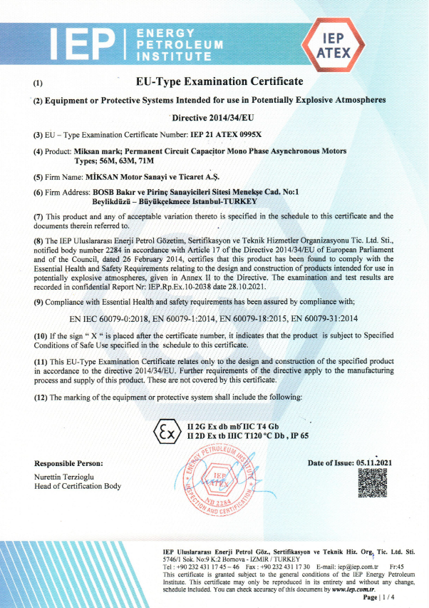 EX Serisi Monofaze Ex-Proof Sertifikası