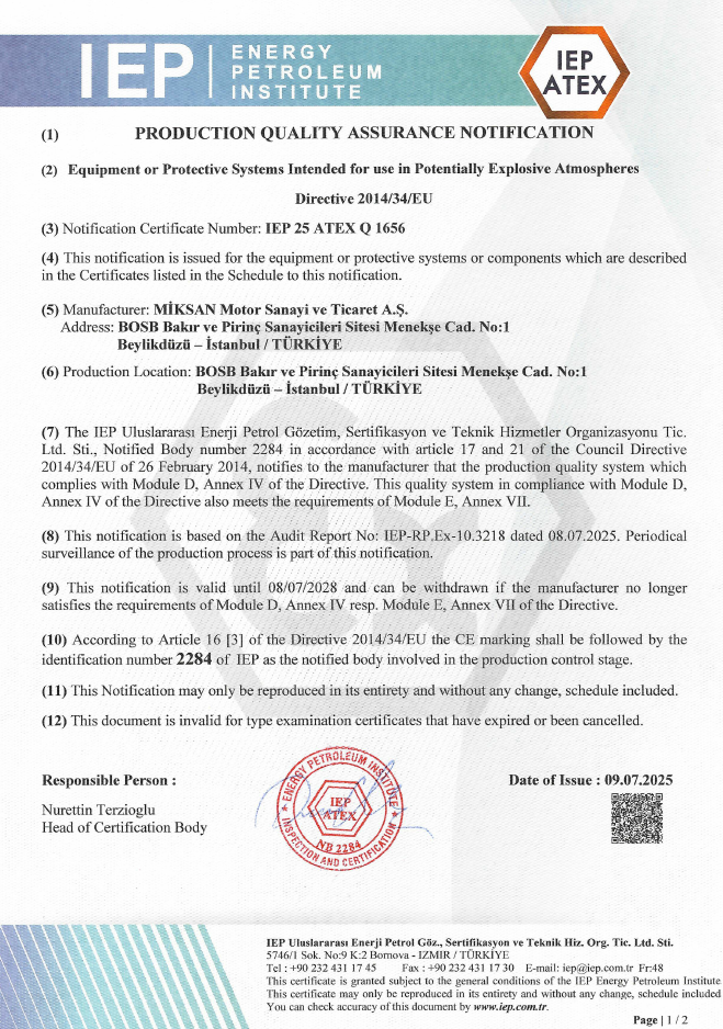Ex-Proof Üretim Kalite Belgesi