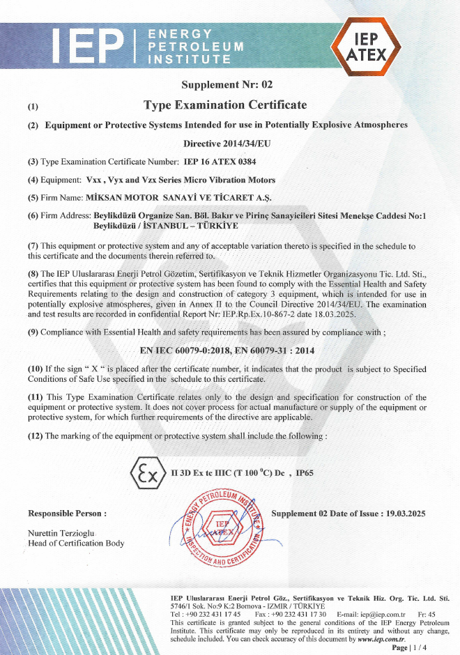 Mikro Vibrasyon Ex-Proof Sertifika