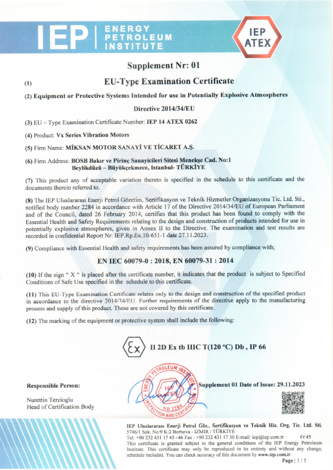 VA-VL Serisi Vibrasyon Ex-Proof Sertifikası